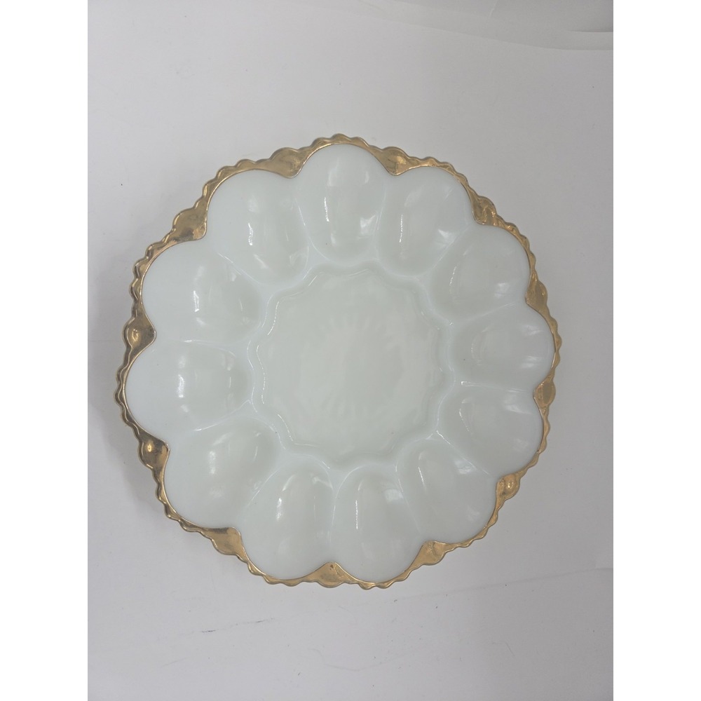 Anchor Hocking Fire King Deviled Egg Plate 10" White Milk Glass 24K Gold Trim